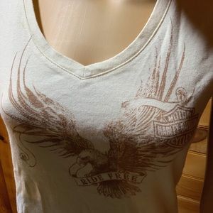 Harley-Davidson cream and brown tee shirt
